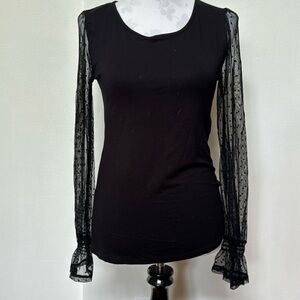 Willow Young Contemporary Black Solid Body & Sheer Long Sleeve Top